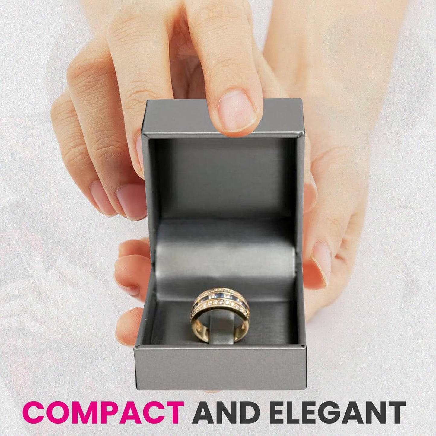 Novel Box Silver Jewelry Box for Rings 2.37x2.37x1.87 Inches - Tab Ring Gift Box for Proposal Wedding Engagement - Faux Leatherette Jewelry Display Box - Gift Presentation Boxes for Rings