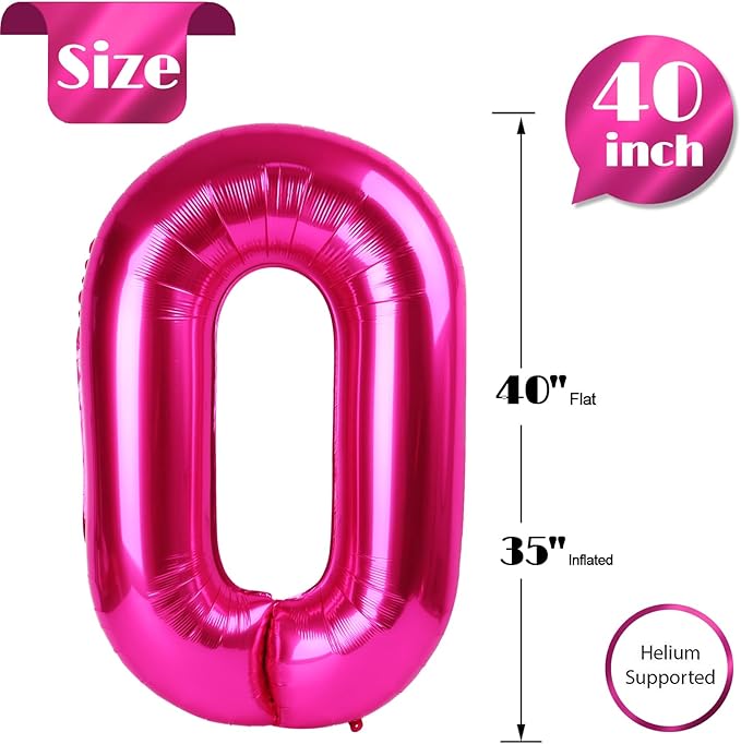 Hot Pink Number 0 Balloon 40 Inch, 0 Balloon Number for 10th 20th 30th 40th 50th 60th Birthday Decorations, Hot Pink Party Supplies