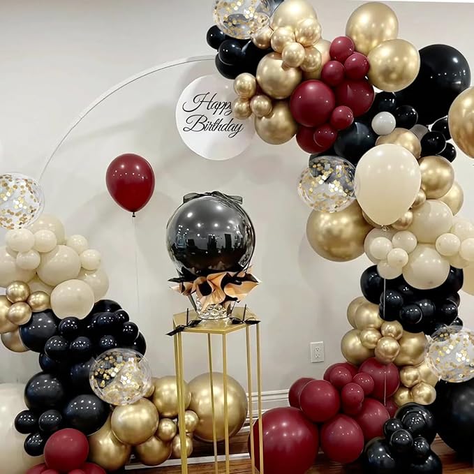 Burgundy Black White Gold Balloon Garland Arch Kit, 167Pcs Latex Maroon Balloons Different Sizes 18 12 10 5 inch for Birthday Graduation Wedding Anniversary Party Decoration