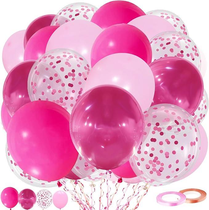 Hot Pink and Pink Balloons Set, 60 Packs 12 Inch Metal Hot Pink Latex Balloons with Confetti Balloon for Girls Women Baby Shower Princess Wedding Valentine's Day Party Birthday Decorations