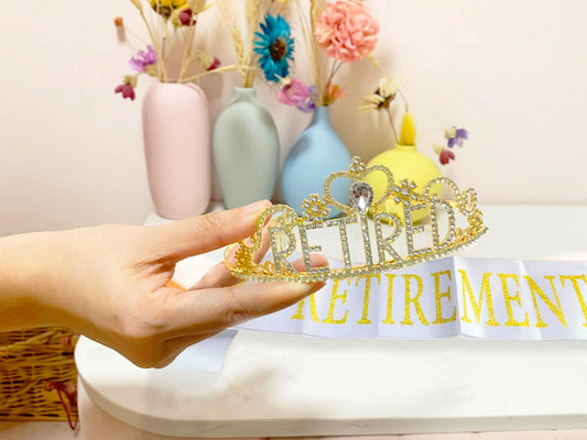 JETKONG Retirement Party Decorations Retired Tiara/Crown, Retired Sash for Women Retirement Gifts, Retirement Party Supplies, Gifts, Favors (Gold)