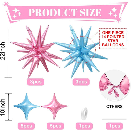 Pink Blue Star Balloon,6Pcs 22Inch Explosion Star Balloons and 10Pcs 10Inch Four Angle Balloons Kit for Gender Reveal Birthday Anniversary Baby Shower Wedding Party Decorations
