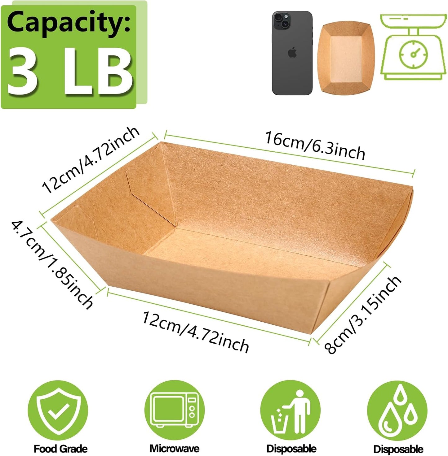 100 Pack 3lb Heavy Duty Kraft Leak Proof Paper Food Boats Disposable Nacho Trays Takeout Trays for Chips, Hot Dogs, Popcorn, Snacks, BBQ, Party, Picnic, Wedding