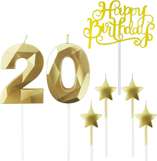 Golden Number 20 Birthday Candles and Star Birthday Candles 2.76 inch Birthday Cake Candles 3D Diamond Shaped Candles are Suitable for Birthday Parties and Anniversary Cake Decorations Candles