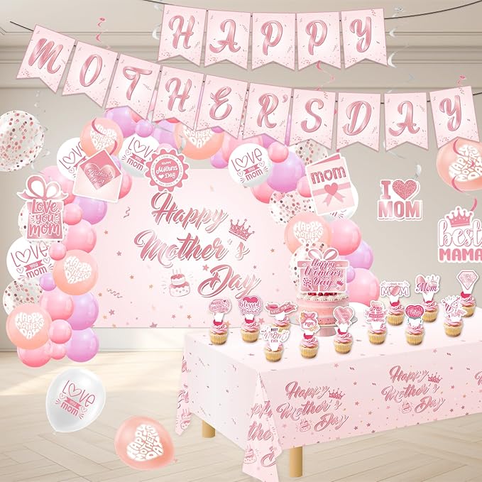 82Pcs Mother's Day Decorations - Rose Gold & Pink Party Supplies Kit, Includes Happy Mothers Day Banner, 59x39" Photo Backdrop, Tablecloth, Balloon Arch Garland & Cake Toppers for Mom Brunch Decor