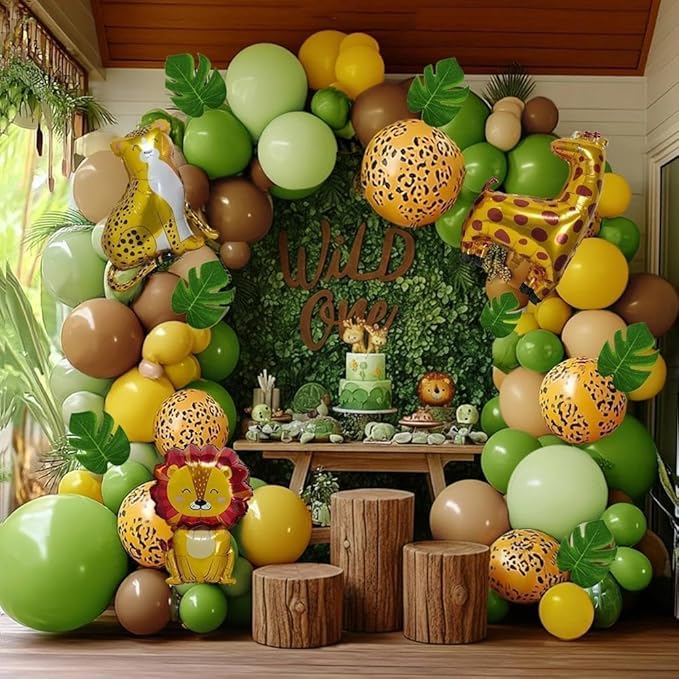 Sage Green Brown Balloons Double Stuffed Dusty Olive Green Mustard Yellow Balloon Arch Animal Print Balloons Palm Leaves for Baby Shower Birthday Safari Jungle Woodland Wild One Tropical Party Decor
