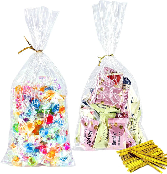 Cherodada 5"x 11", 200Pcs Cellophane Treat Bags with Twist Ties for Gift Wrapping, Wrapping Candies, Cookies, Chocolates, Popcorn