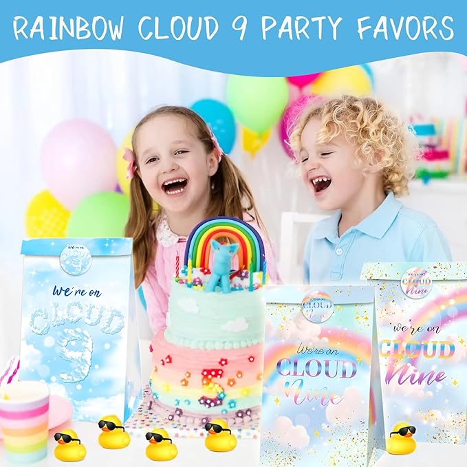 Inshinern Rainbow Clouds 9th Birthday Party Favors We're on Cloud Nine Birthday Goodie Bag Candy Treat Bags for Women Rainbow Themed Party Decor Engagement Party Supplies(12 Pcs)