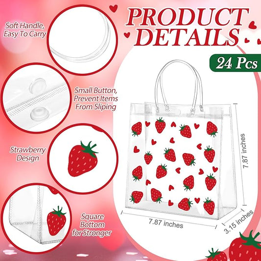 Kacctyen 24 Pcs Gift Bags for Party Favor Clear Goodie Bags with Handle 7.87 x 7.87 x 3.15 Return Gift Wrap Totes for Guests Treat Candy Wrapping(Strawberry)