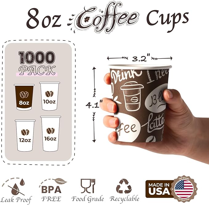 Fit Meal Prep 8 oz Coffee Cups 1000 Count, Leak-Proof Hot Cup, Disposable Paper Coffee Cup Bulk for Hot/Cold Beverage, Durable Thickened Paper Cups for Party, Office, Bussines, Home, Bistros