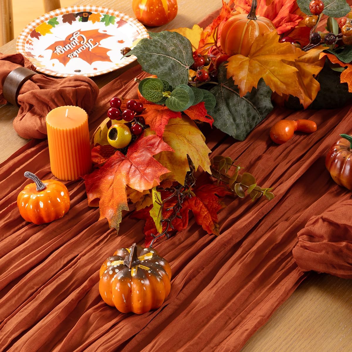 MLMC Fall Thanksgiving Table Runner Terracotta Cheesecloth Table Runner 10ft Burnt Orange Gauze Boho Farmhouse Rustic Chesse Cloth Table Decor for Fall Wedding Bridal Shower Pinic Party Decor
