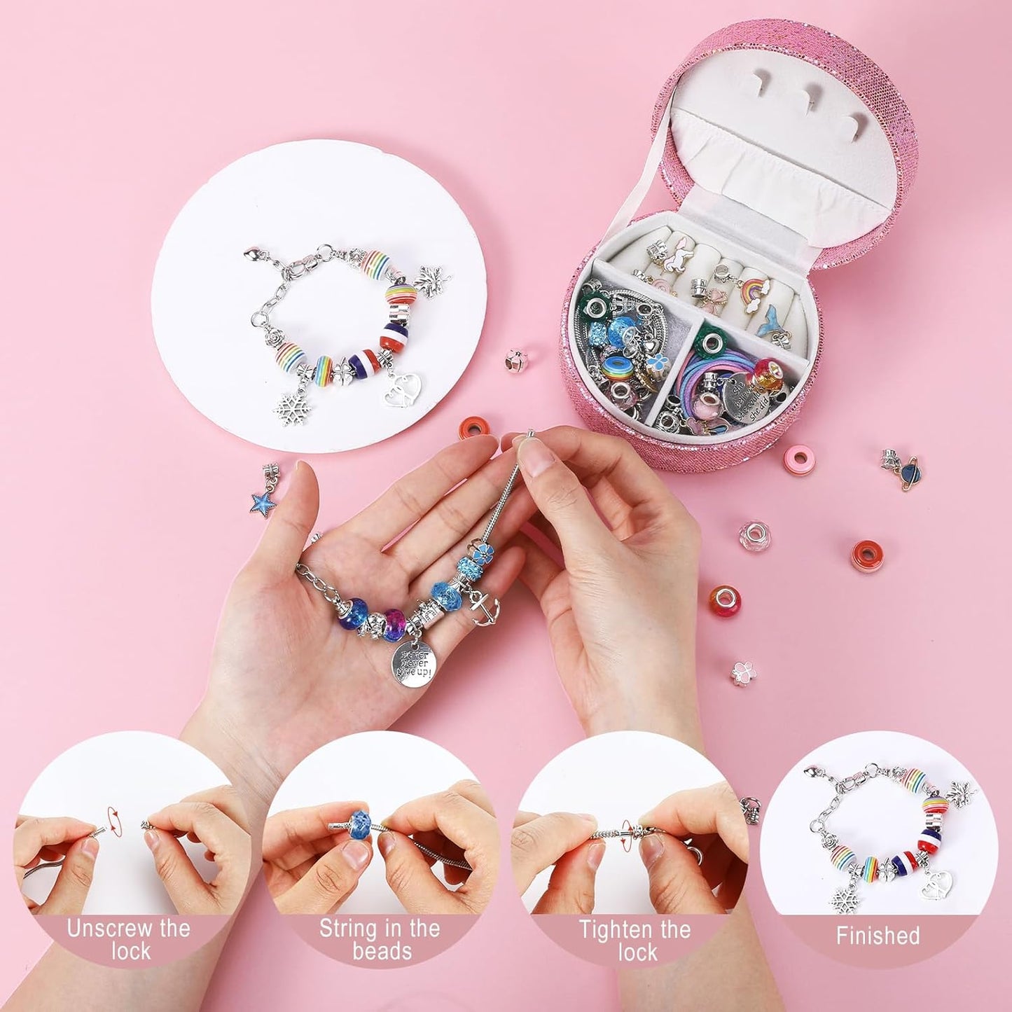 Emibele Girls Charm Beads Bracelet Making Kit with Portable Jewelry Box, Jewelry Making Kit for Kids Age 5 6 7 8-12, DIY Arts Crafts Toys for Teens Girls Gift Choices on Birthday Valentines Christmas