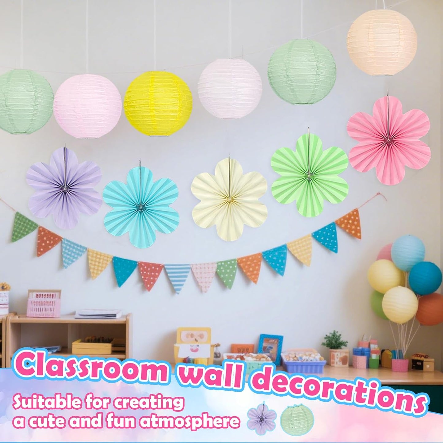 18Pcs Pastel Classroom Decor Kit, Pastel Paper Lanterns Paper Flowers Fans for Women Girls Spring Birthday Wall Baby Shower Wedding Party Rainbow Classroom Decorations
