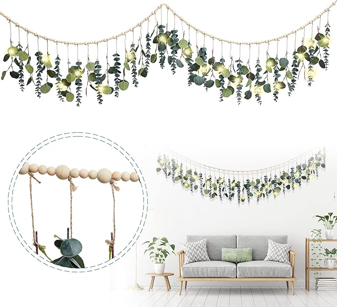 Juexica Artificial Eucalyptus Fall Wall Decor Boho Hanging with LED Light Farmhouse Artificial Greenery Modern Decor with LED for Fall Home Bedroom Office Bathroom Kitchen