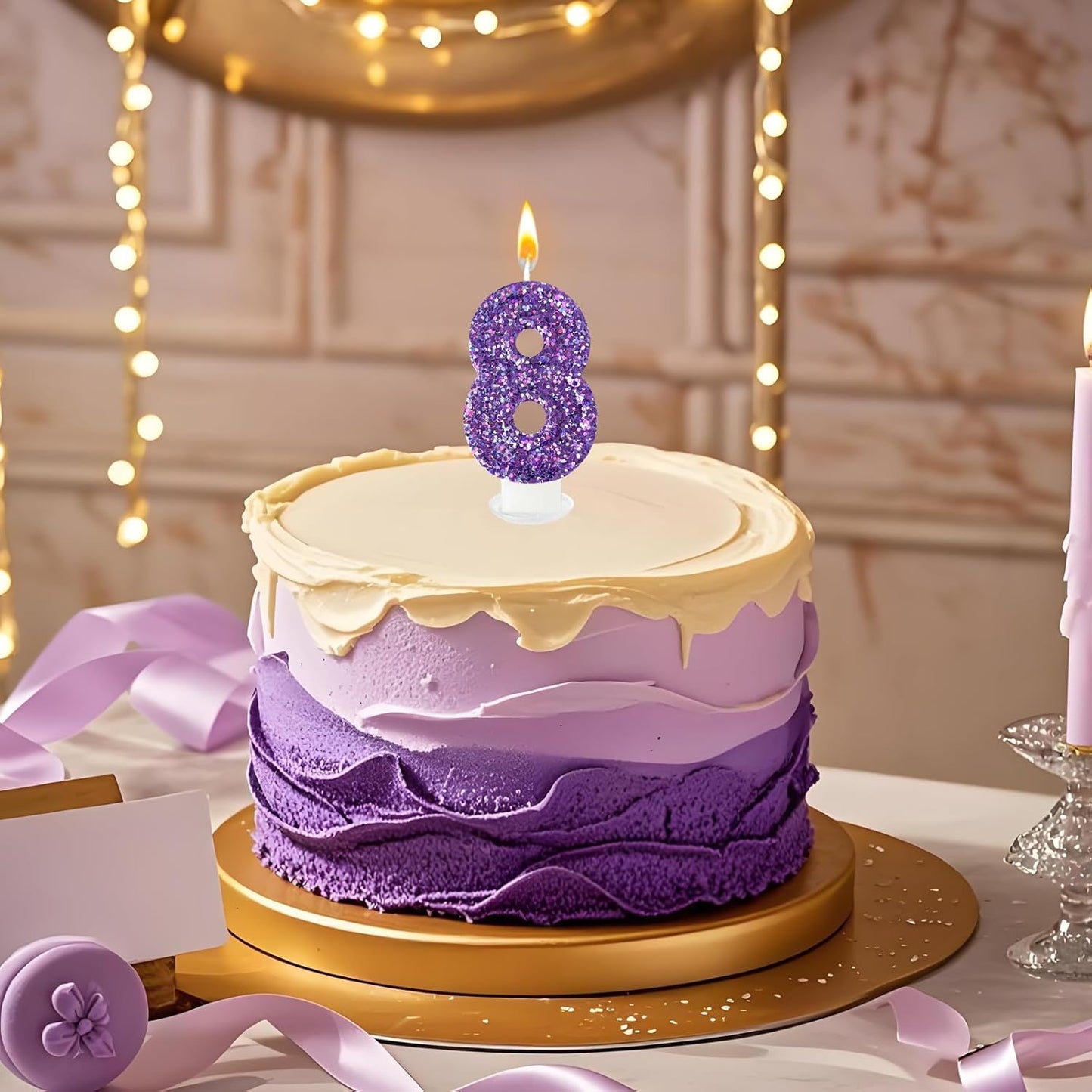 Birthday Number Candles, Glitter Number Candle Cake Decorations with Sequins, Cupcake Decorations for Girls, Women, Party Anniversary Celebrations (Number 8, Purple)