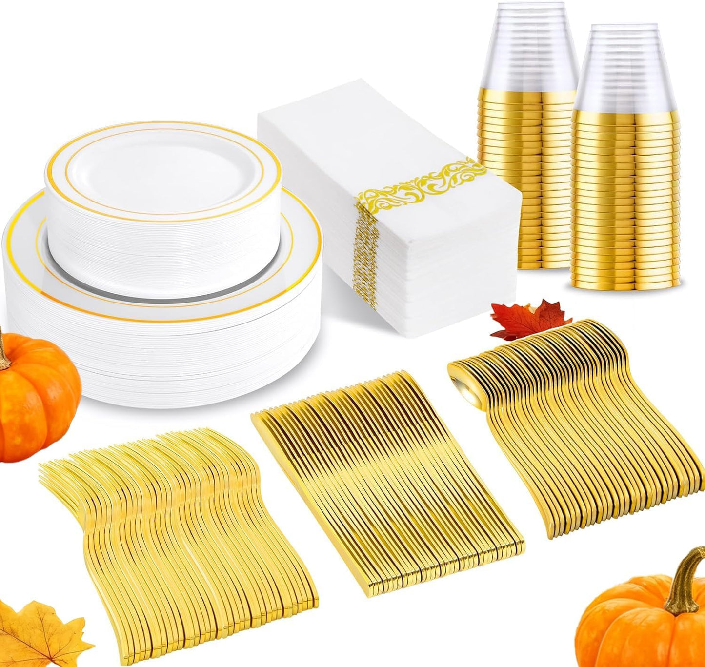 175 Pcs Gold Dinnerware Set, Plastic Plates Disposable for 25 Guests Include:25 Gold Rim Dinner Plates, 25 Dessert Plates, 25 Paper Napkins, 25 Cups, 25 Silverware Set Perfect for Party