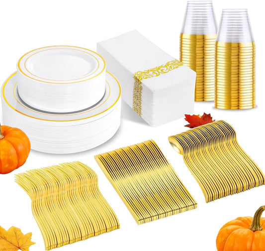 175 Pcs Gold Dinnerware Set, Plastic Plates Disposable for 25 Guests Include:25 Gold Rim Dinner Plates, 25 Dessert Plates, 25 Paper Napkins, 25 Cups, 25 Silverware Set Perfect for Party