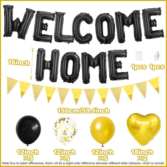 Welcome Home Decorations Black Gold,Welcome Home Foil Balloon Banner with Confetti Balloons,Gold Heart Balloons Pennant Flag Bunting for Housewarming Baby Shower Home Family Party Supplies