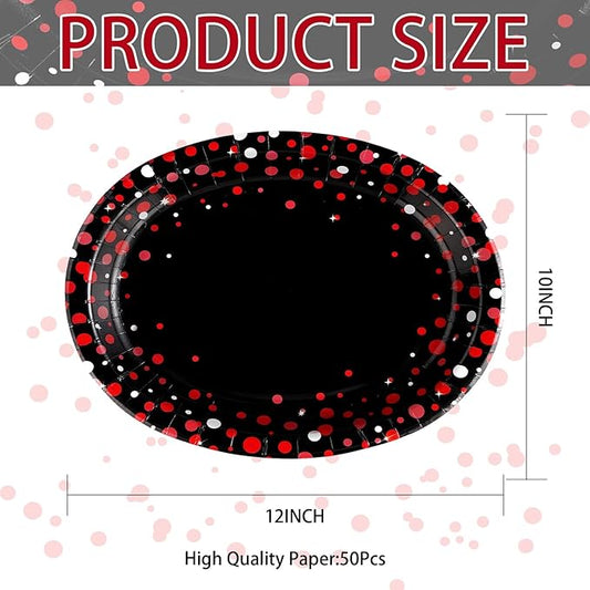 50 Pcs Black and Red Oval Plates 10" x 12" Large Red Dot on Black Party Plates Disposable Heavy Duty Valentine's Day Paper Plate for Valentines Day Fiesta Congrats Wedding Birthday Party Decorations