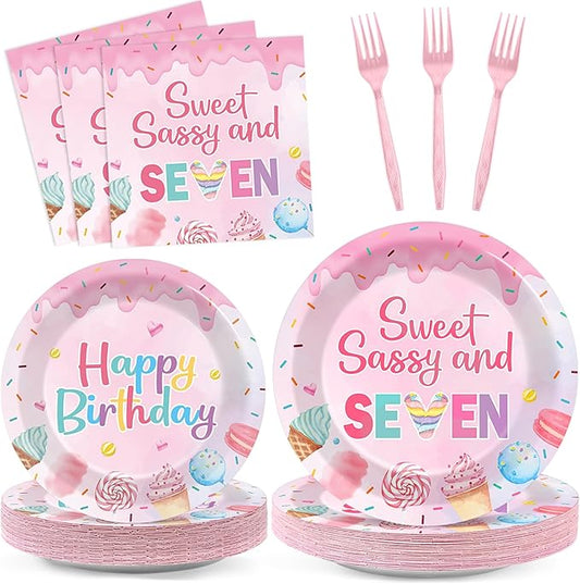 96 PCS Donut 7th Party Plates and Napkins CHristmas Donuts Party Tableware Supplies Sweet Sassy Seven Year Old Plates Napkins Decors Donuts Decorations for Kids Birthday Gatherings Decorations