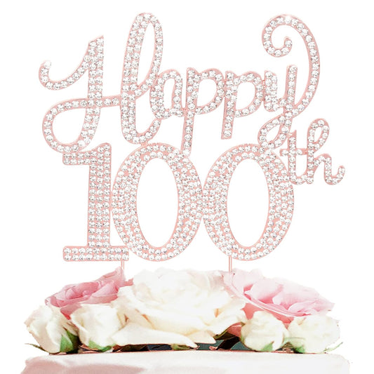 LASKYER Happy 100th Birthday Rose Gold Rhinestone Cake Topper - 100th Birthday/Anniversary,Cheers to 100 Years Old Bday Party Metal Sparkly Centerpieces Decorations.