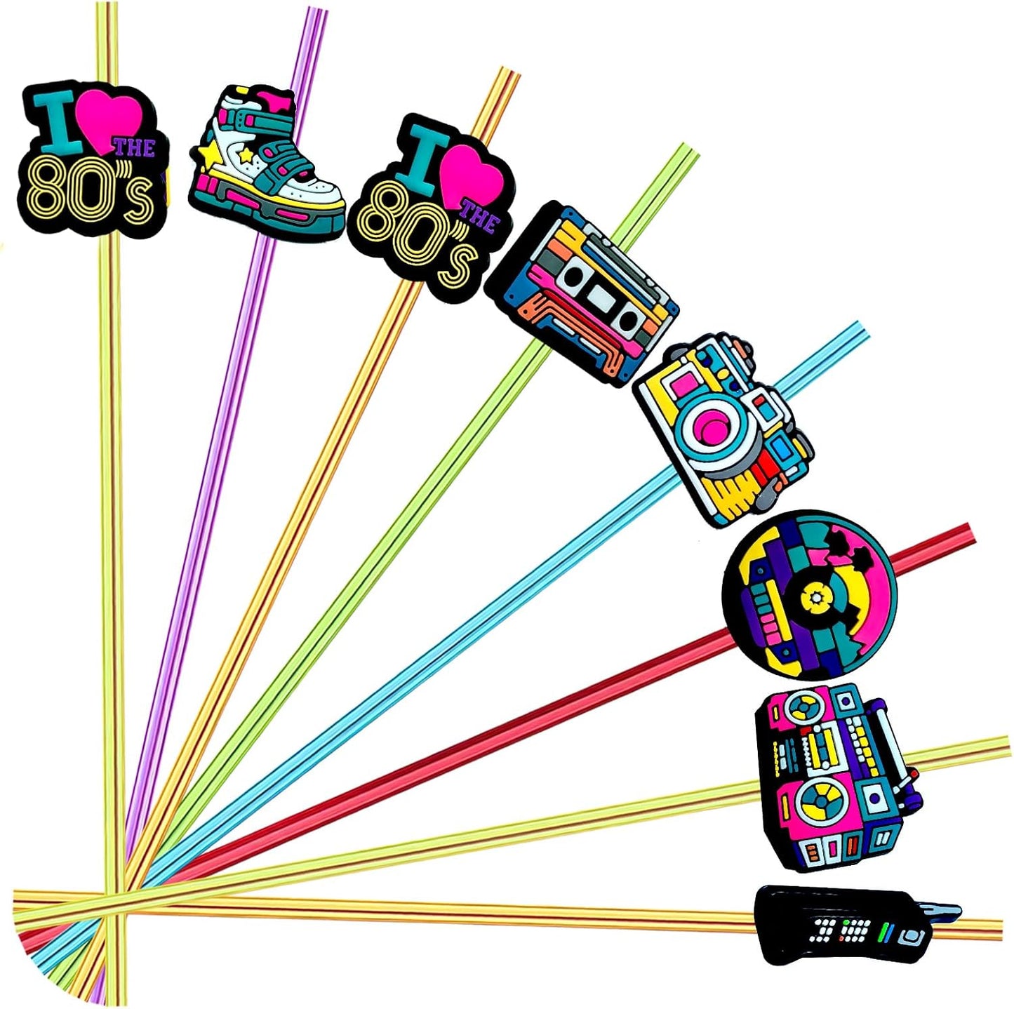 24pcs 80s Party Decorations Retro Straws Hip Hop Themed Music Party Favors Straws 80s Radio Speaker Phone Tape Straw Decorations Party Supplies With 2 Brushes 6 Color straws
