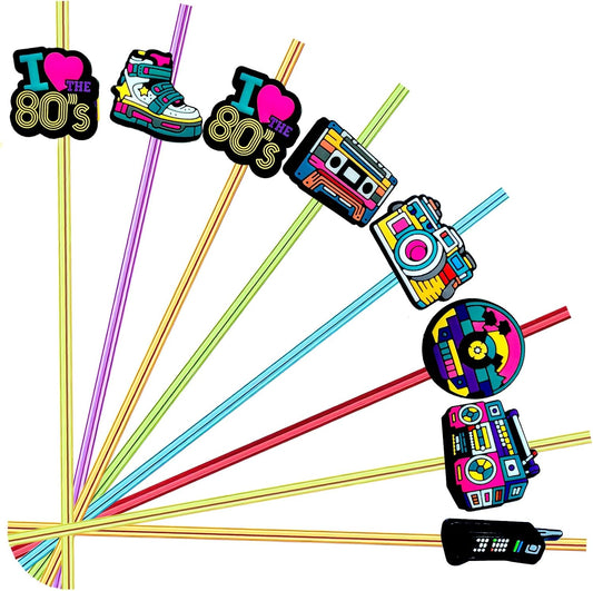 24pcs 80s Party Decorations Retro Straws Hip Hop Themed Music Party Favors Straws 80s Radio Speaker Phone Tape Straw Decorations Party Supplies With 2 Brushes 6 Color straws