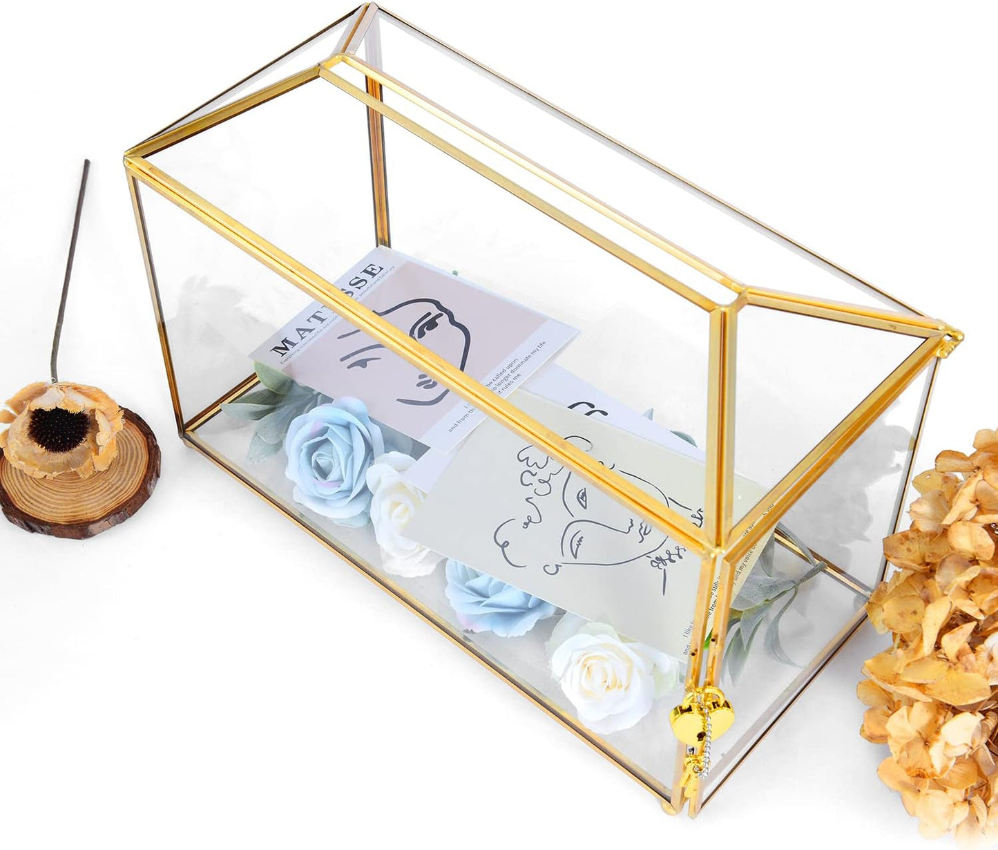 Glass Wedding Card Box with Lock, 12.6x5.9x9 inches Large Gold Card Boxes for Wedding Reception, Keepsake Display, Graduation, Party Centerpiece Decorative Box