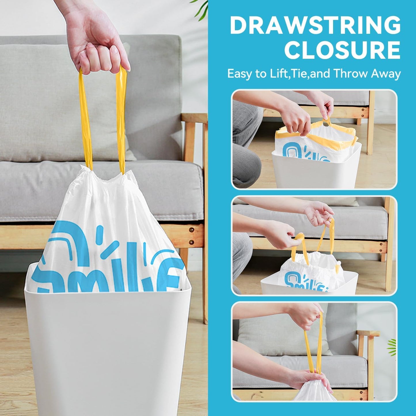 3 Gallon Trash Bags, 120 Count White Alphabet Printed Small Drawstring Garbage Bags Unscented for Toilet Home Office and Bedroom
