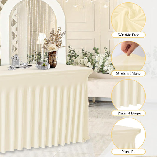 2 Pack Ivory Rectangle Tablecloths, Washable Stretch Fitted Spandex Table Covers for 6FT Tables, Wrinkle-Free & Reusable Table Cloths,Ideal for Parties, Banquets, Wedding, Buffet,Events