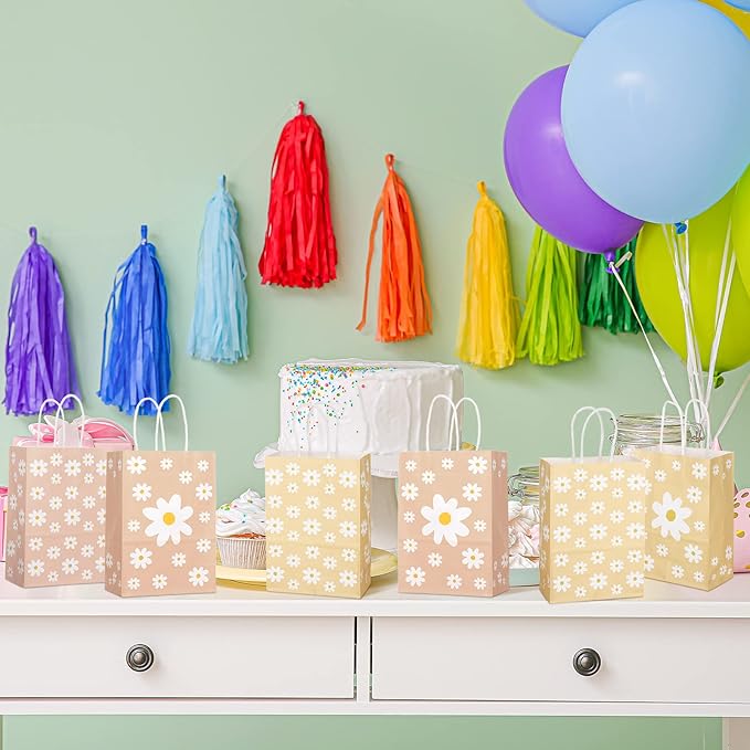 Glenmal 24 Pcs Daisy Goodie Bags Groovy Flower Bags Hippie Party Bag with Handles for Spring Birthday Party Supplies Baby Shower Decorations