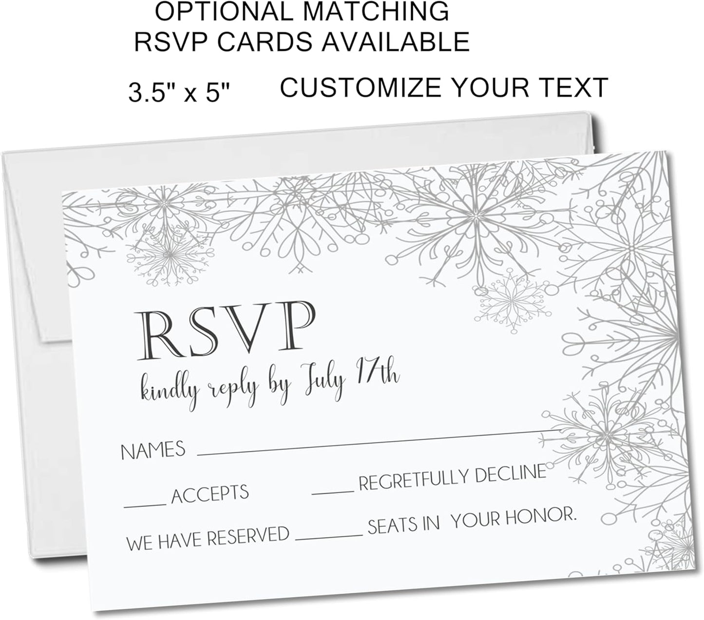 Winter Snowflake Wedding Invitations, Boho Winter, Personalized, Set of 12 Invitations with Envelopes