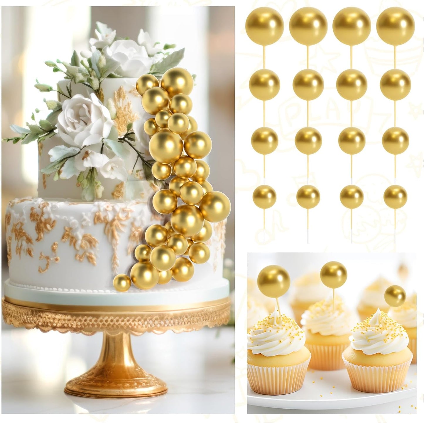 138 Pcs Gold Balls Cake Topper Decorations Balloon Cupcake Toppers Foam Multisize Cake Topper Balls for Graduation Birthday Party Wedding Anniversary