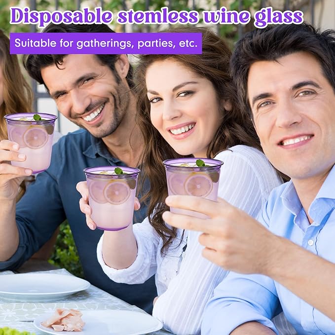Disposable Stemless Glasses 12oz Crystal Plastic Wine Glasses Clear Classic Pet Cup for Meeting Weddings Birthdays Cocktail Christmas Party Supplies (Purple,50 Pcs)