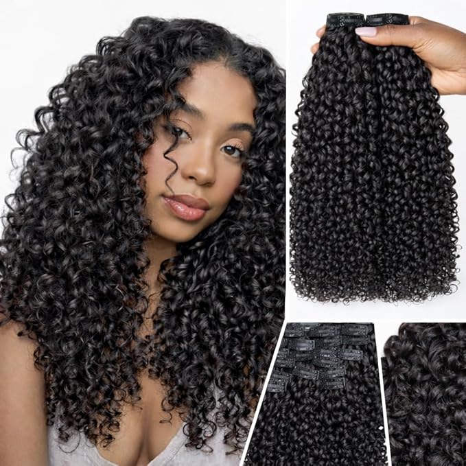 LUVME Burmese Curly Clip in Hair Extensions Real Human Hair Messy Curly Clip Ins Fullness with 2 Pack for Women Brazilian Remy Human Hair Natural Black 135g 24Inch