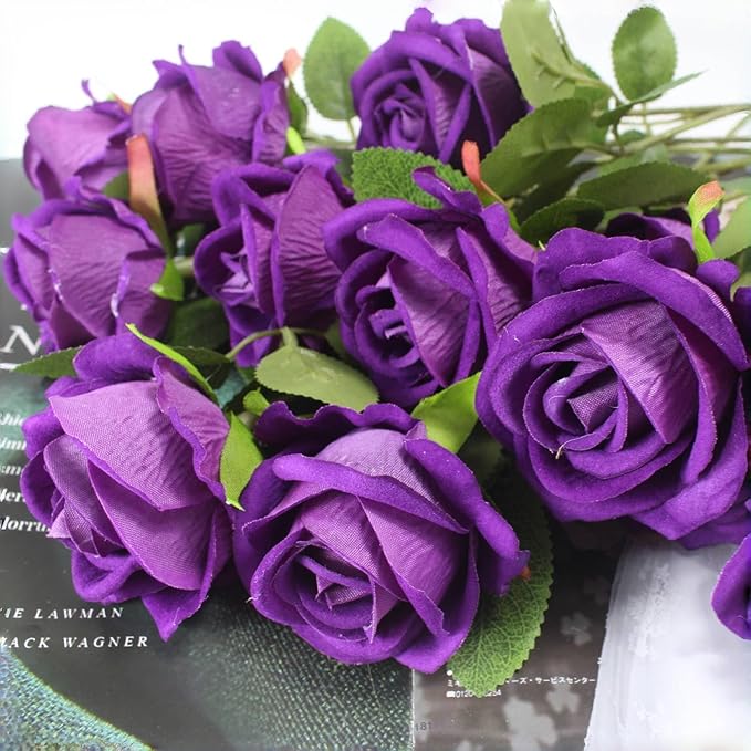 Artificial Roses Flowers, 12 Pcs Fake Purple Rose in Bulk, Long Stem Realistic Silk Roses Bouquet for Wedding, Party Centerpieces, Flower Arrangement, Home Decor (Purple, 12-PCS)