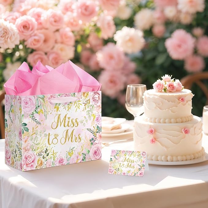 Yomaiha Floral Bridal Shower Gift Bag Wedding Miss to Mrs Gifts Bag with Tissue and Card Bridal Shower Gift Wrapping Paper Pink Flower Wedding Bride Engagement Bachelorette Party Supply Decorations
