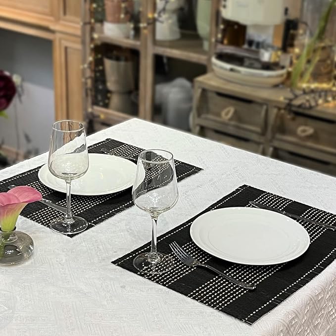 ANDSTAR Set of 8 Pcs Bamboo Placemats Natural Anti-Slip Bamboo Placemats Washable Heat-Resistant Table Mats for Dining Room and Kitchen (Black+White)
