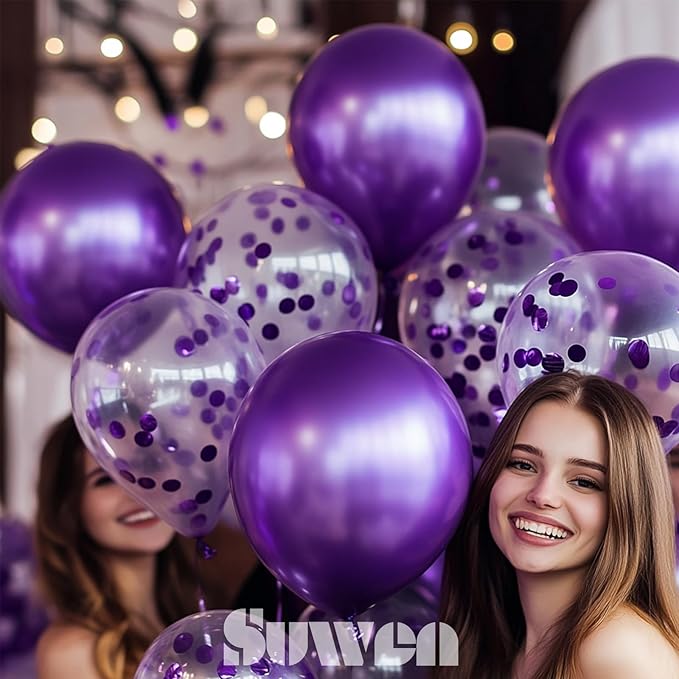 SUWEN Purple Metallic Balloons and Confetti Balloons Set 47PCS Latex Helium Chrome Dark Purple Balloon for Birthday Graduation Anniversary Party Decorations