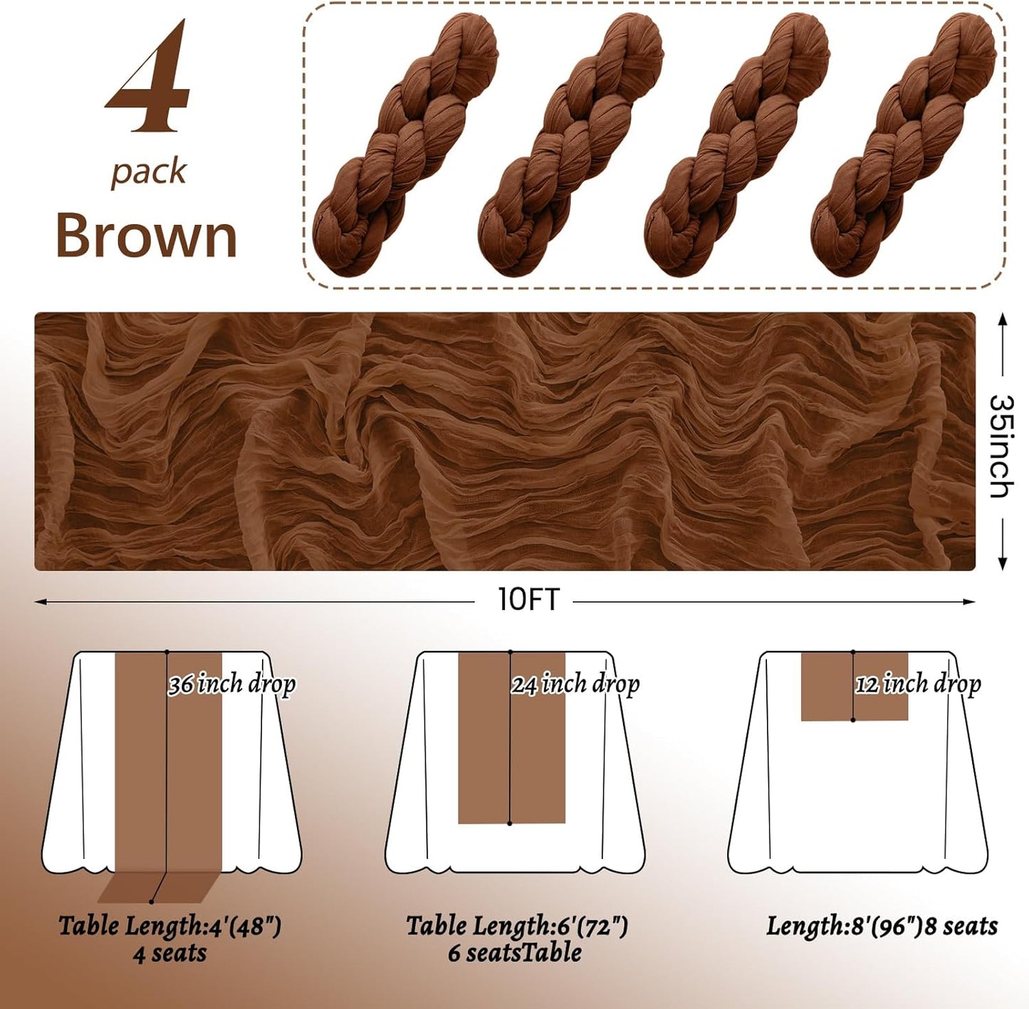 4Pack Brown Table Runner 10FT Cheesecloth Table Runner 35x120Inch Long Boho Cheese Cloth Table Runners Rustic Gauze Table Runners for Party Wedding Bridal Shower Baby Shower Decorations