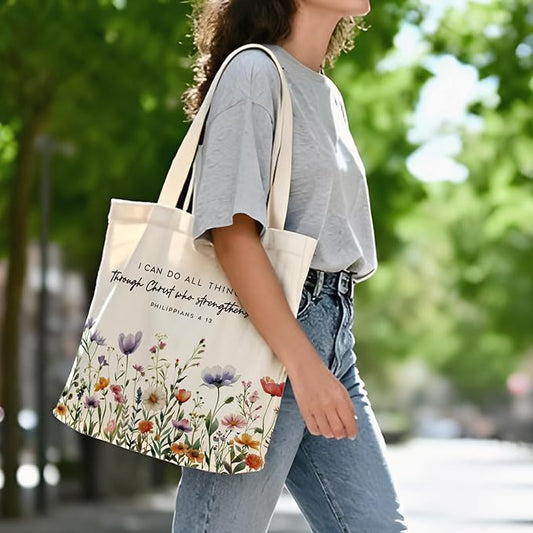 Preppy Floral Aesthetic Tote Bag for Women,Printed Canvas Tote Bag for Girls,Christian Gifts for Women Faith,Watercolour Aesthetic Reusable Shopping Grocery Bags Party Favors