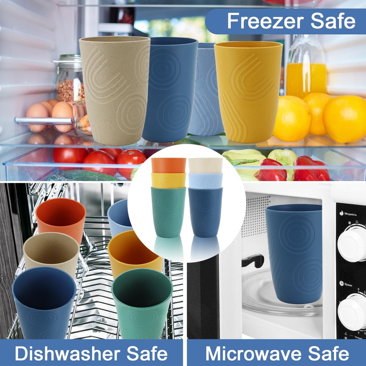 Unbreakable Wheat Straw Cups - 16 OZ Plastic Drinking Glasses Reusable, Large Drinking Cups, Lightweight Kitchen Cups Sets of 6, Microwave & Dishwasher Safe Water Tumbler (Multicolor)