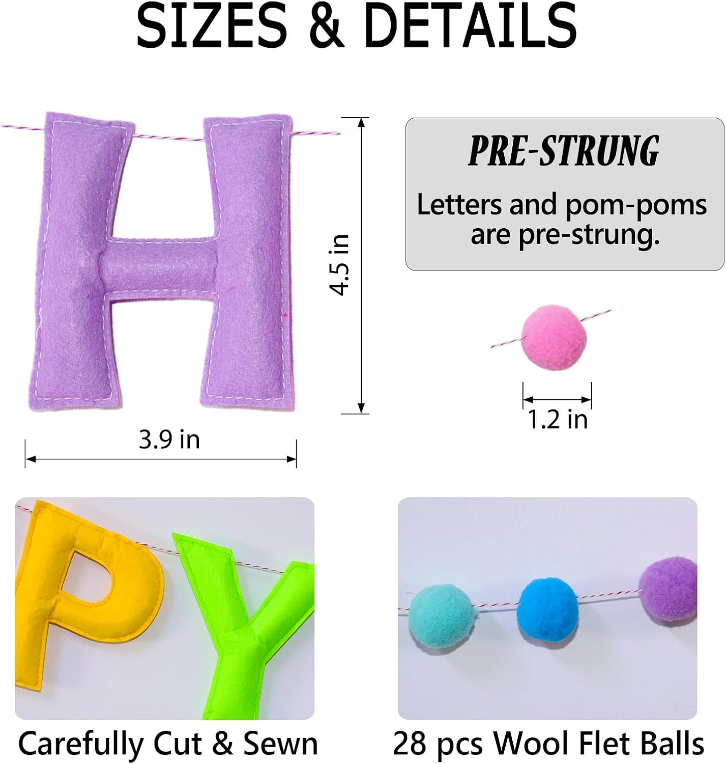 Happy Birthday Banner Rainbow Felt Ball Garland Pre-Strung Happy Birthday Sign for Party Backdrop Decorations Photo Prop