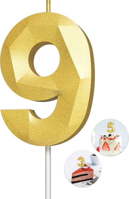 Number Birthday Candles(9 Candle Gold) 3D Diamond Shape Number Happy Birthday Cake Candles for Birthday Party Wedding Decoration Reunions Theme Party