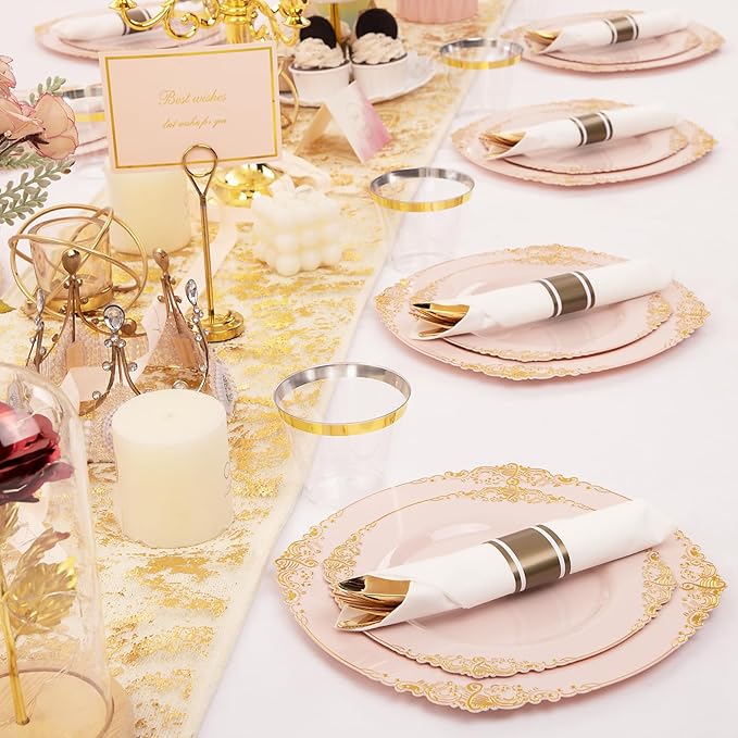 Nervure 175PCS Pink Plastic Plates - Disposable Pink Gold Party Plates & Pre Rolled Napkins with Cutlery for 25 Guests, 50Plates, 75Silverware, 25Cups, 25Napkin for Wedding & Party & Valentines