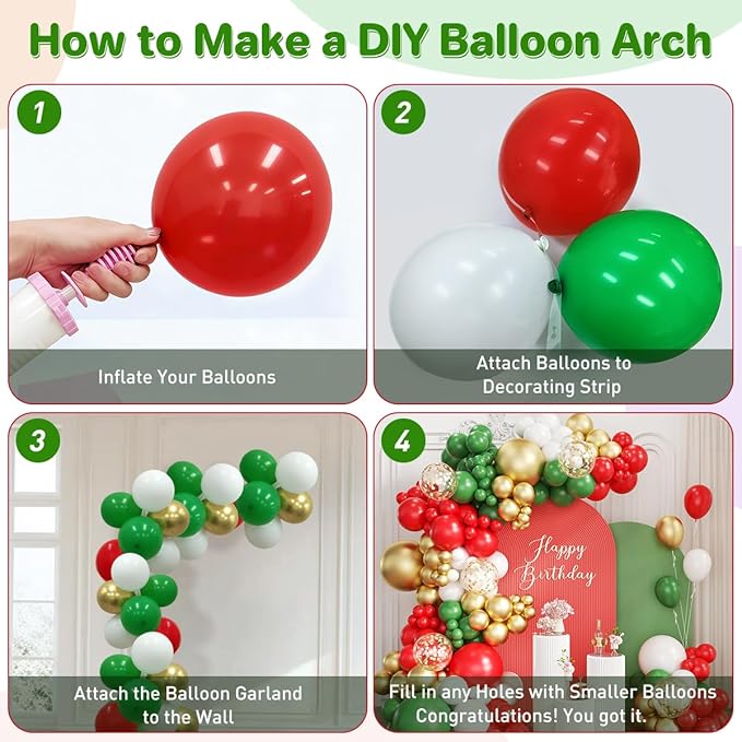 Red White Green and Gold Balloon Arch Kit, 167Pcs Christmas Balloons Different Sizes 18 12 10 5 inch for Birthday Baby Shower New Year Xmas Holiday Party Decorations