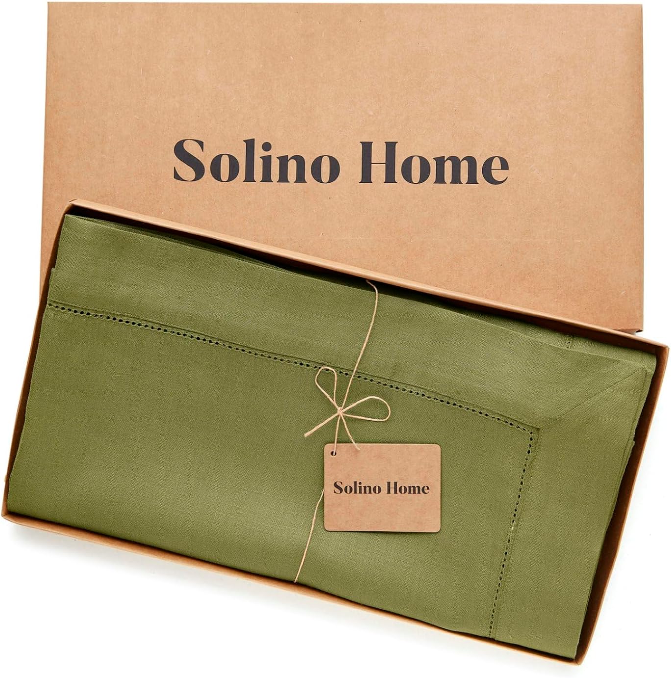 Solino Home Linen Tablecloth 60 x 90 Inch - Classic Hemstitch 100% Pure Linen Avocado Green Table Cloth for Rectangle Tables - Machine Washable Tablecloth for Fall, Autumn, Thanksgiving