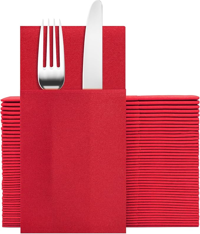 Red Napkins Hand Towels Disposable, Linen-Feel Dinner Napkins with Prefolded Built-in Flatware Pocket, Guest Paper Hand Towels For Wedding, Dinner Or Party (16x16in, 50Pack）