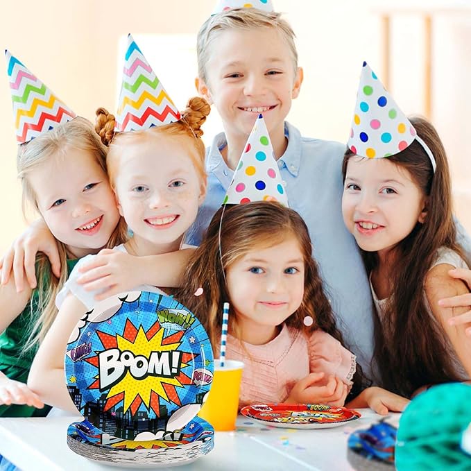 Grencian 200Pcs Super Theme Hero Party Decorations Colorful Super Theme Hero Plates and Napkins Disposable Heros Action Paper Tableware Set for Boys Birthday Baby Shower Party Supplies, Serves 50