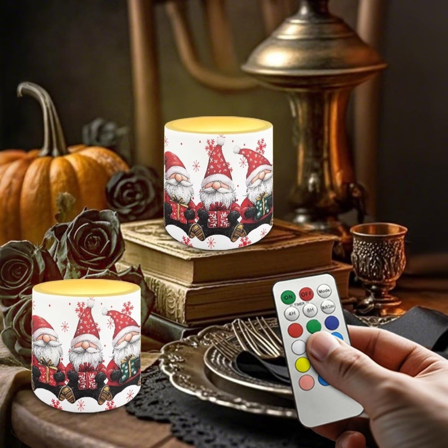 Poceacles 4 PCS LED Flameless Candles for Christmas Realistic Battery Powered No Flame Candles with Remote and Timer, Simulated Wick Flame Tealights, Christmas Gnome Snowflake White Red
